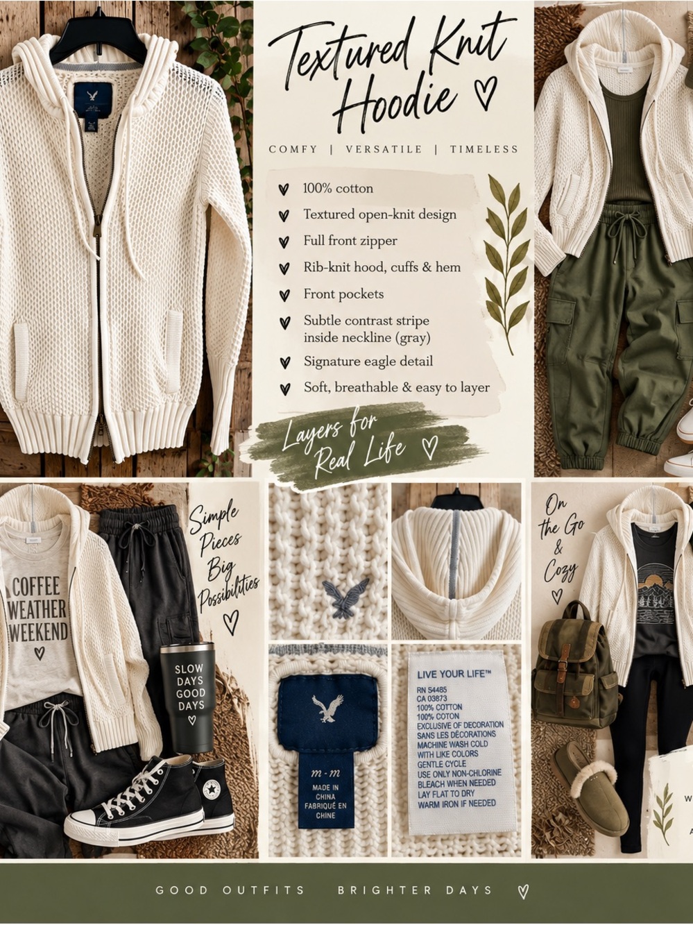 American Eagle Outfitters Cream Textured Knit Hoodie Cardigan